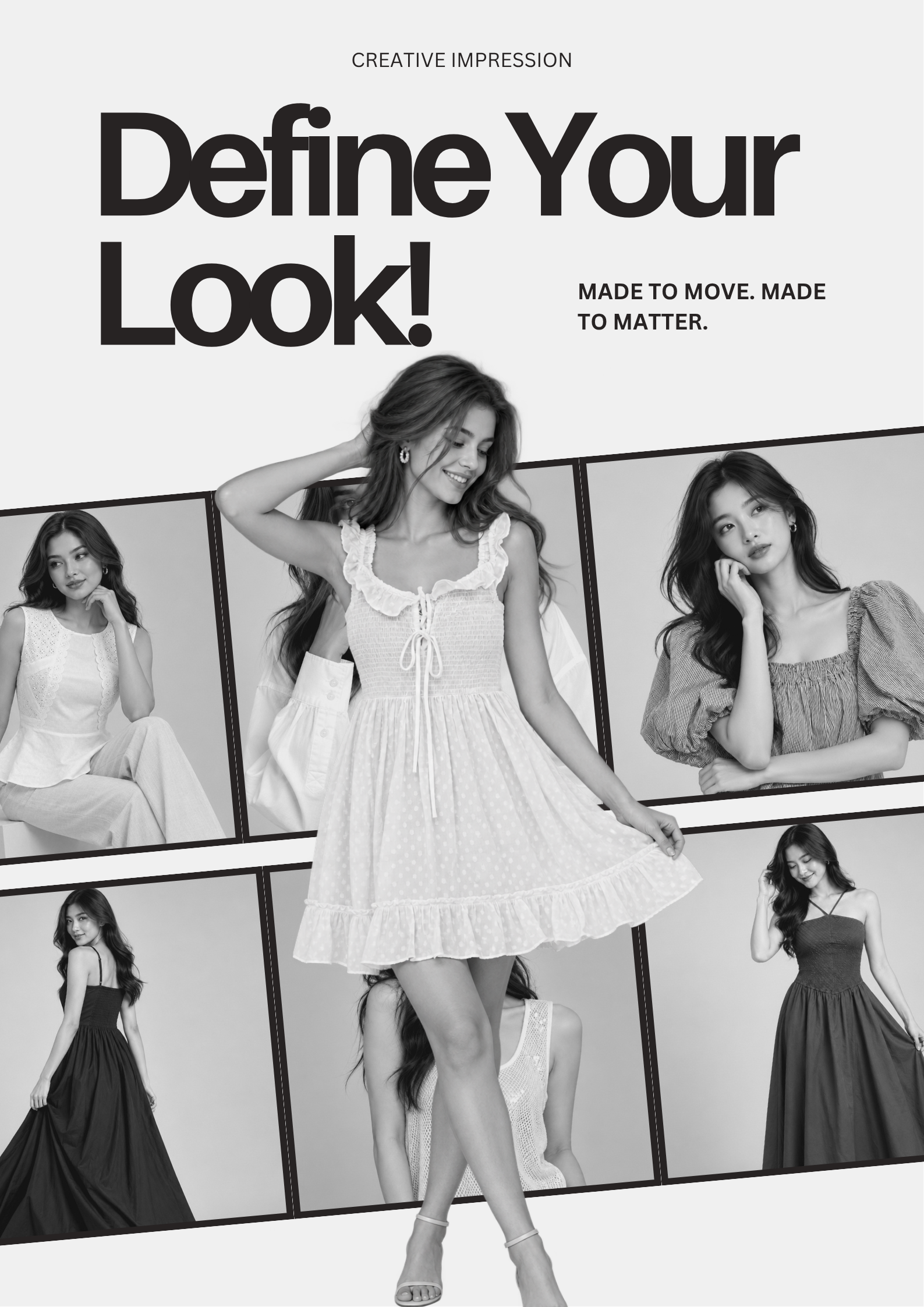 Creative Impression lookbook — Define Your Look! Made to move, made to matter — a black and white collage of women in dresses, blouses and tailored separates